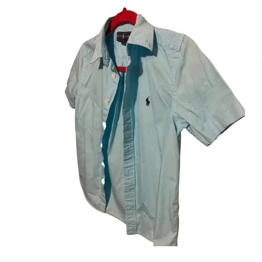 Boys Ralph Lauren, 10-12 blue short sleeves shirt with navy horse, worn twice